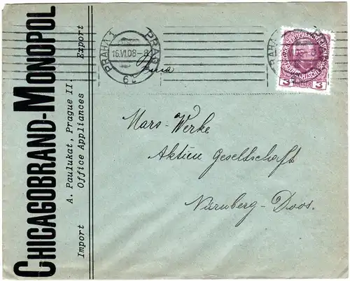 Österreich 1908, 3 H. auf Firmenbrief Chicagobrand-Monopol v. Prag n. Bayern