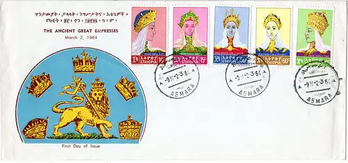 Äthiopien 1964, Alte Herrscherinnen v. Äthiopien, 5 Werte kpl. auf FDC v. Asmara