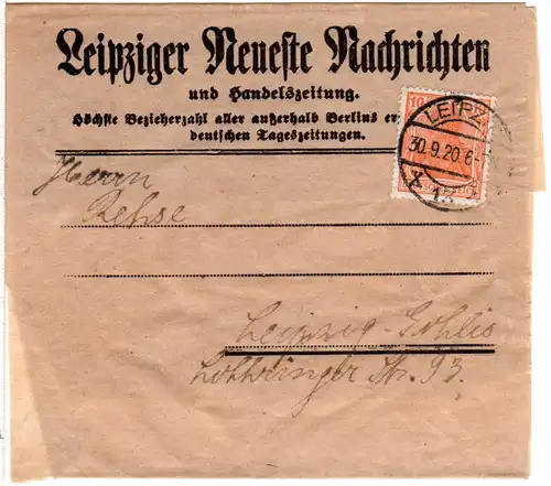 DR 1920, EF 10 Pf. Germania auf Orts-Drucksachenschleife Leipziger Nachrichten 