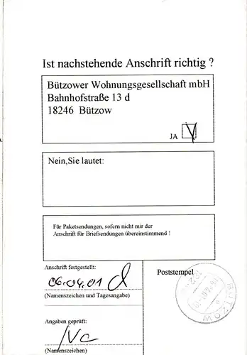 BRD 2001, MeF 2x 80 Pf/0,41 € auf Postformular Anschriftenprüfung Hamburg-Bützow