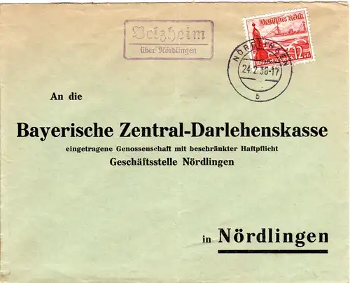 DR 1938, Landpost Stpl. BELZHEIM über Nördlingen auf Brief m. 12 Pf. WHW