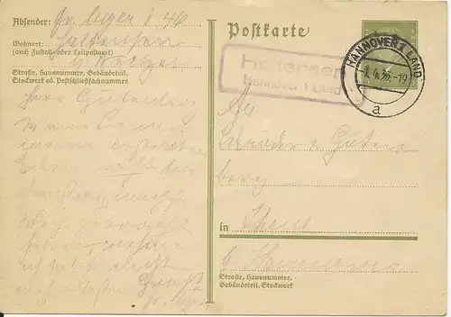 DR 1933, Holtensen Hannover Land, Landpost Stempel auf 6 Pf. Ganzsache