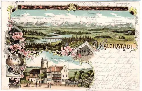 Gruss aus Walchstadt m. Gasthaus zur schönen Aussicht, 1900 gebr. Litho-AK