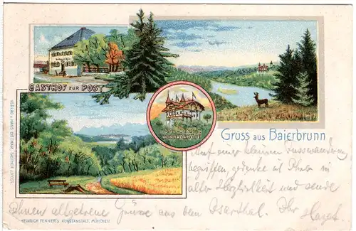Gruss aus Baierbrunn m. Gasthaus zur Post, 1901 gebr. Litho-AK