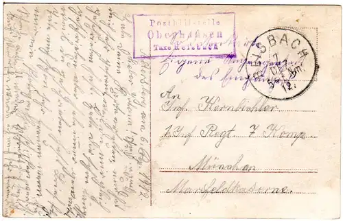 Bayern 1912, Posthilfstelle OBERHAUSEN Taxe Reisbach auf Soldaten Karte 