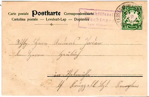 Bayern 1906, Posthilfstelle WECHINGEN Taxe Fessenheim auf Karte m. 5 Pf.