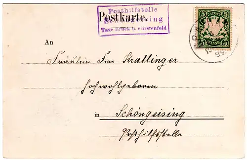 Bayern 1899, Posthilfstelle SCHÖNGEISING Taxe Bruck b. Fürstenfeld auf sw-AK 