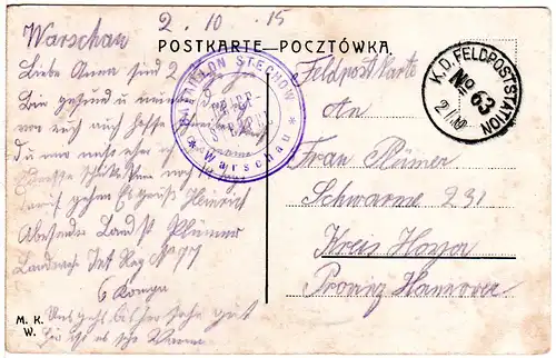Polen, Gruss aus Warschau m. Reichsbank, 1915 m. FP gebr. Farb-AK