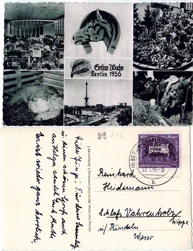 Berlin 1956, Grüne Woche, sw-AK m. 10 Pf. u. entpr. Charlottenburg Sonderstempel