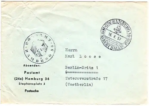 BRD 1957, portofreier Postsache Brief v. Hamburg m. Albert Ballin Sonderstempel