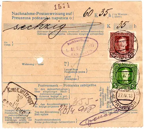 Bosnien Herzegowina 1918, 5+20 H. auf NN Postanweisung v. Prijedor