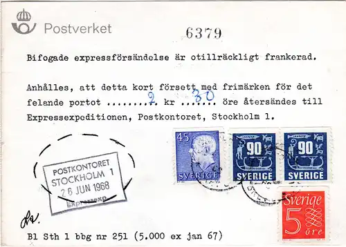 Schweden 1968, 5+45+ Paar 90 öre auf Postformular betr. fehlendes Express Porto 