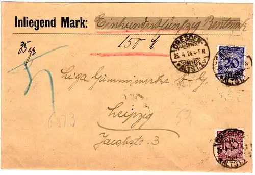 DR 1924, 100+20 Pf. auf Wert Brief v. Dresden n. Leipzig.