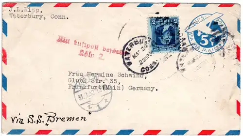 USA 1932, 5 C auf 5 C. Ganzsache v. Waterbury m. L2 Mit Luftpost befördert Köln 