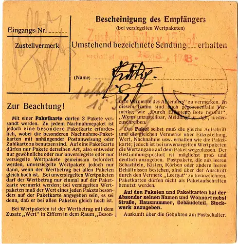 Luxemburg 1943, 15+30 Pf. auf Paketkarte m. "B"-Zettel u. rs. Zustellgebührstpl.