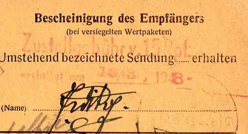 Luxemburg 1943, 15+30 Pf. auf Paketkarte m. "B"-Zettel u. rs. Zustellgebührstpl.