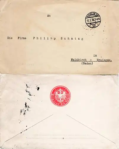 DR 1916, Berlin Reichsamt des Inneren, portofreier Brief n. Baden