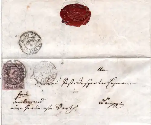Sachsen 1856, 1 NGr. auf PROBE OHNE WERT Brief v. Dresden n. Leipzig