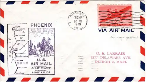 USA 1949, 6 C. waagr. Zähnung auf Erstflug Brief v. Phoenix n. Reno Nevada