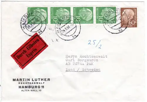BRD 1958, 60+4x10 Pf. Heuss auf Eilboten Brief v. Hamburg n. Schweden