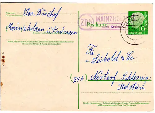 BRD 1958, Landpost Stpl. 20b MAINZHOLZEN über Kreiensen auf 10 Pf. Ganzsache