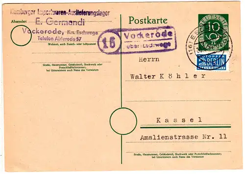 1954, Landpoststempel 16 VOCKERODE über Eschwege auf 10 Pf. Ganzsache