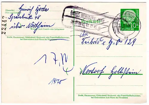 BRD 1958, Landpost Stpl. 20b SPANBECK über Northeim auf 10 Pf. Ganzsache