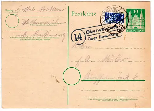 BRD 1949, Landpost Stpl. 14 OBERWEISSACH über Backnang auf 10 Pf. Ganzsache