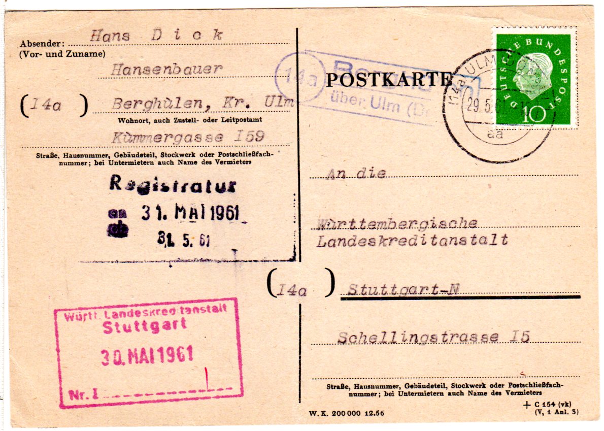 BRD 1961, Landpost Stempel 14a BERGHÜLEN über Ulm auf Karte m. 10 Pf