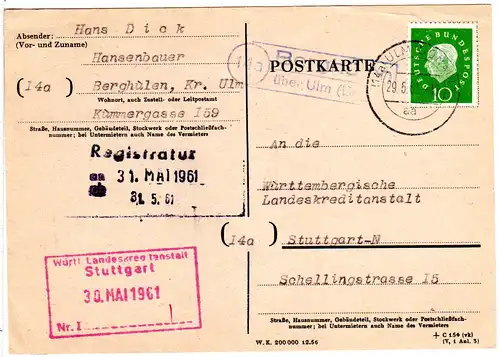 BRD 1961, Landpost Stempel 14a BERGHÜLEN über Ulm auf Karte m. 10 Pf.