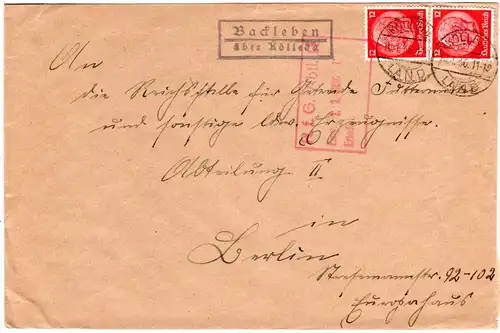 DR 1936, Landpoststempel BACKLEBEN über Kölleda auf Brief m. 2x12 Pf.