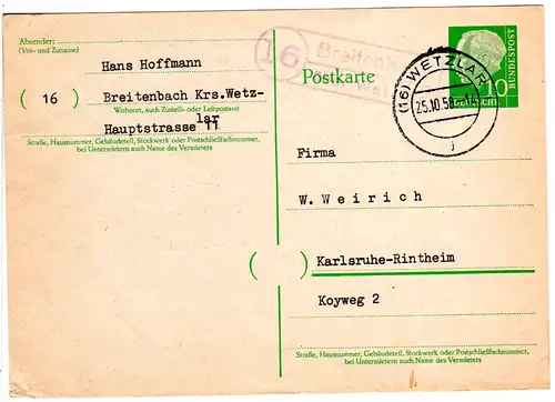 BRD 1958, Landpost Stpl. 16 BREITENBACH über Wetzlar auf 10 Pf. Ganzsache