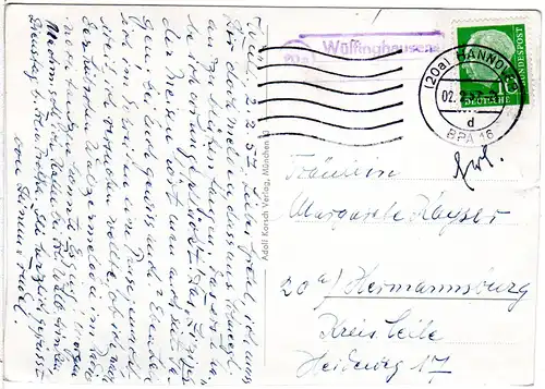 BRD 1957, Landpost Stpl. 20 WÜLFINGHAUSEN über Eldagsen auf AK m. 10 Pf. 