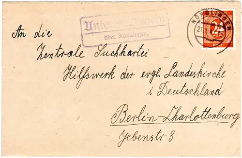 1947, Landpost Stpl. UNTERMAGERBEIN über Nördlingen auf Brief m. 24 Pf.