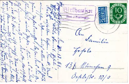 BRD 1951, Landpost Stpl. BIRKHAUSEN über Nördlingen auf Karte m. 10 Pf.