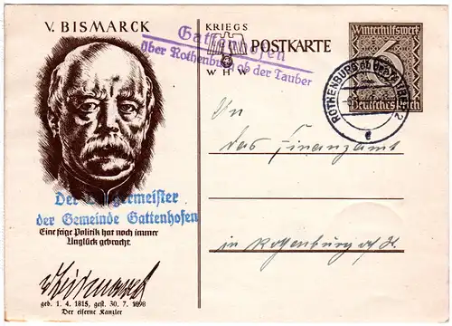 DR 1940, Landpoststempel GATTENHOFEN über Rothenburg Tauber auf 6 Pf. Ganzsache