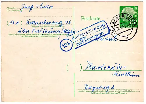 BRD 1958, Landpost Stpl. 13b KETTERSCHWANG über Kaufbeuren auf 10 Pf. Ganzsache