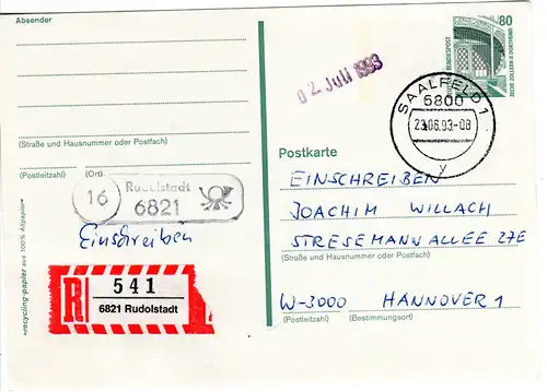BRD 1993, Landpost Stpl. 16 RUDOLSTADT 6821 auf 80 Pf. Ganzsache m. Reko-Zettel