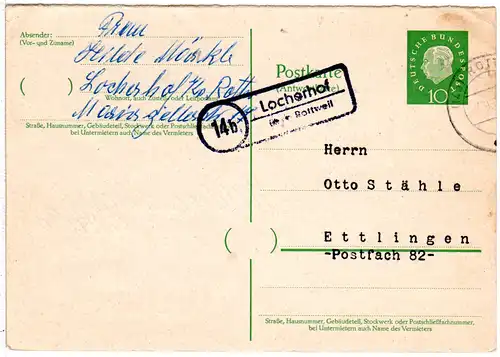 1961, Landpoststempel 14b LOCHERHOF über Rottweil auf 10 Pf. Ganzsache
