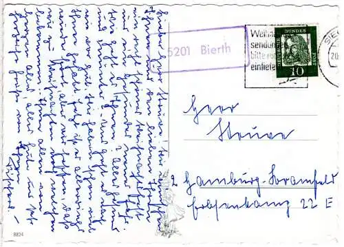 BRD 1961, Landpost Stpl. 5201 BIERTH auf Karte m. 10 Pf. 