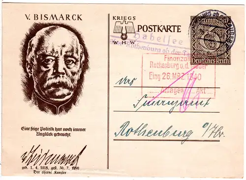 DR 1940, Landpoststempel HABELSEE über Rothenburg Tauber auf 6 Pf. Ganzsache