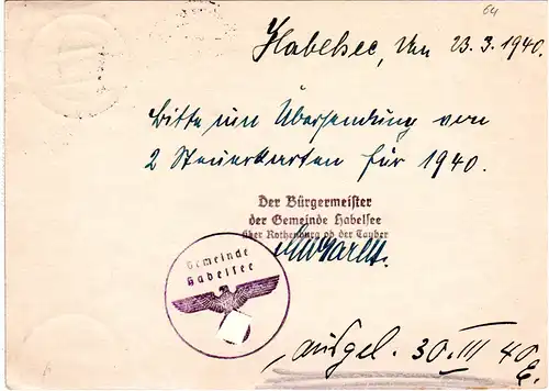 DR 1940, Landpoststempel HABELSEE über Rothenburg Tauber auf 6 Pf. Ganzsache