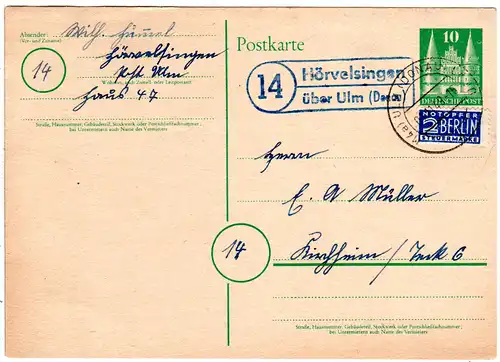 BRD 1949, Landpost Stpl. 14 HÖRVELSINGEN über Ulm auf 10 Pf. Ganzsache