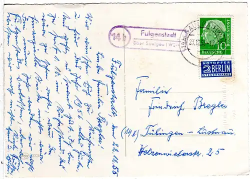 BRD 1955, Landpost Stempel 14b FULGENSTADT über Saulgau auf Karte m. 10 Pf. 
