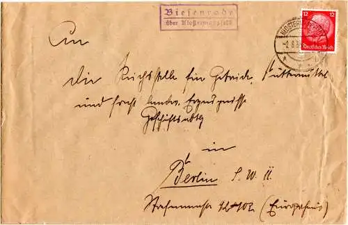 DR 1935, Landpoststempel BIESENRODE über Klostermansfeld auf Brief m. 12 Pf.