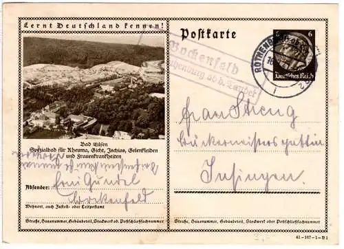 DR 1941, Landpoststempel BOCKENFELD über Rothenburg Tauber auf 6 Pf. Ganzsache
