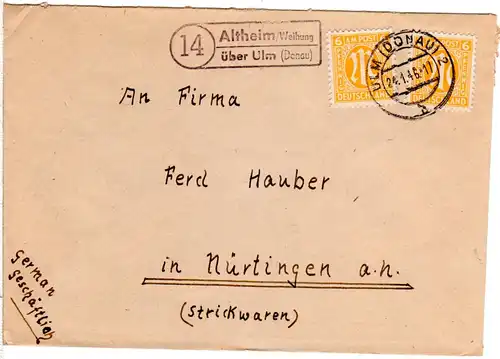 BRD 1946, Landpoststempel 14 ALTHEIM/WEIHUNG über Ulm auf Brief m. 2x6 Pf.