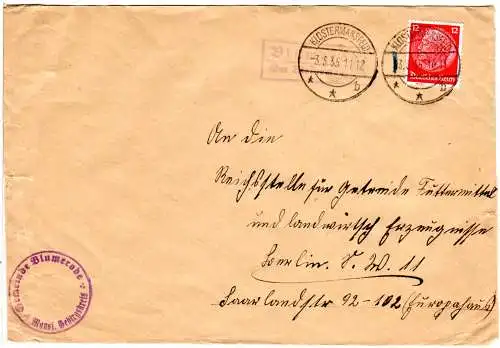 DR 1935, Landpoststempel BLUMERODE über Klostermansfeld auf Brief m. 12 Pf.