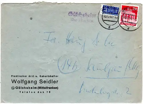 1949, Landpost Stpl. GÜLCHSHEIM über Uffenheim auf Brief m. 20 Pf.
