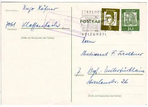 BRD 1963, Landpost Stempel 7061 KLAFENBACH GEM. RUDERSBERG auf 10 Pf. Ganzsache 